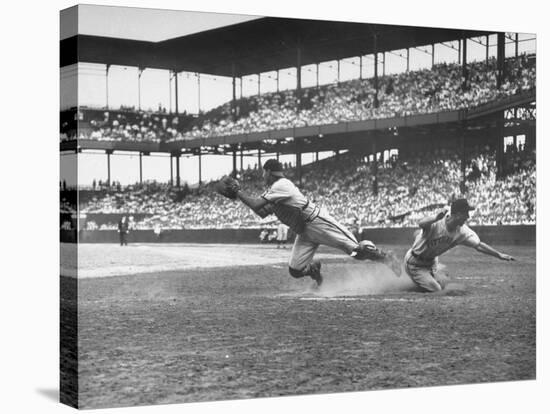 Pittsburgh Player Sliding to Home Plate before St. Louis Cardinal Catcher Gets the Ball-Joe Scherschel-Premier Image Canvas