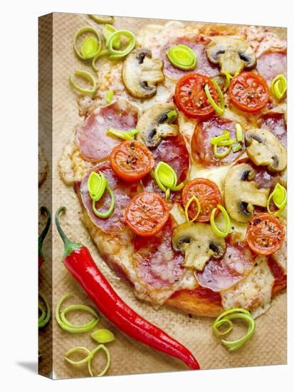 Pizza with Salami, Mushrooms, Tomatoes, Leek, Mozzarella and Chillis-Ira Leoni-Premier Image Canvas