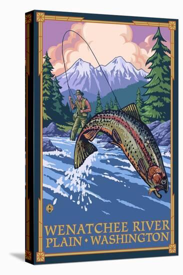 Plain, Washington - Angler Fly Fishing Scene-Lantern Press-Stretched Canvas