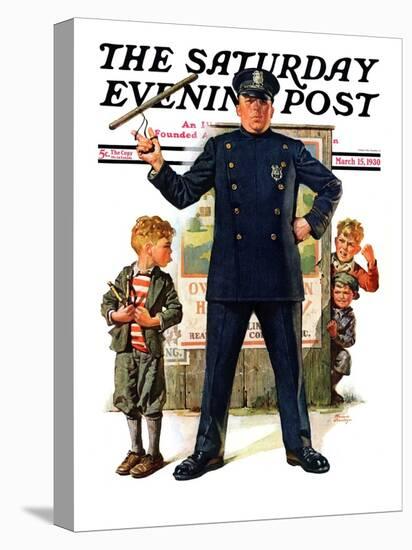 "Policeman and Boy with Slingshot," Saturday Evening Post Cover, March 15, 1930-Frederic Stanley-Premier Image Canvas