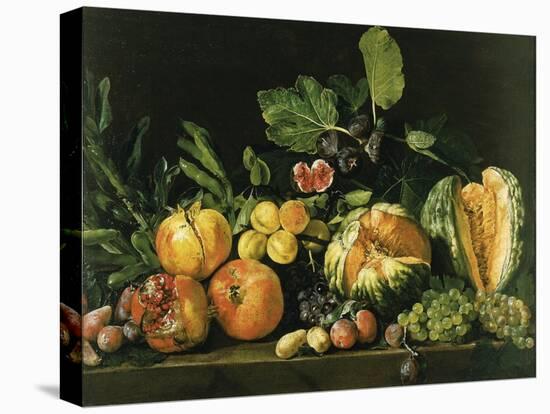 Pomegranates, Melons, Grapes, Peaches, Figs and Other Fruits on a Stone Ledge-null-Premier Image Canvas