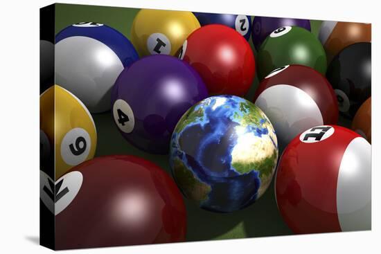 Pool Table with Balls and One of Them as Planet Earth-null-Stretched Canvas
