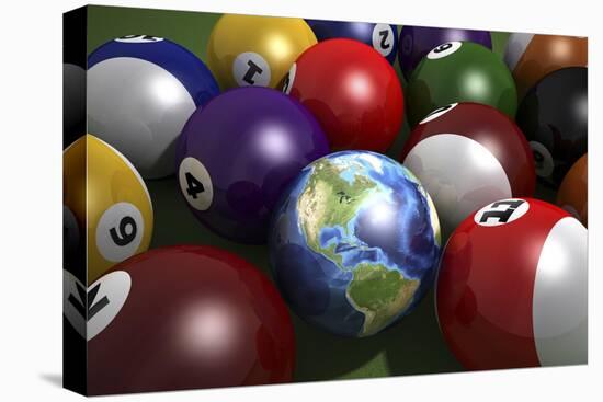 Pool Table with Balls and One of Them as Planet Earth-null-Stretched Canvas