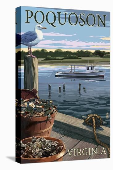 Poquoson, Virginia - Blue Crab and Oysters on Dock-Lantern Press-Stretched Canvas