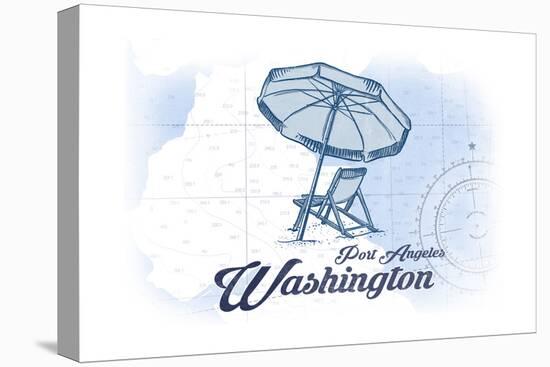 Port Angeles, Washington - Beach Chair and Umbrella - Blue - Coastal Icon-Lantern Press-Stretched Canvas