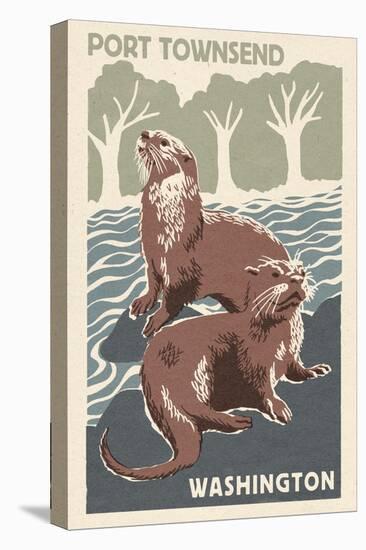 Port Townsend, Washington - River Otters - Woodblock Print-Lantern Press-Stretched Canvas