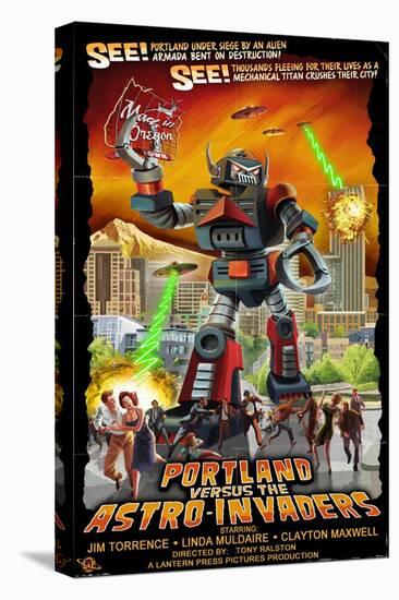 Portland, Oregon vs. The Astro-Invaders-Lantern Press-Stretched Canvas