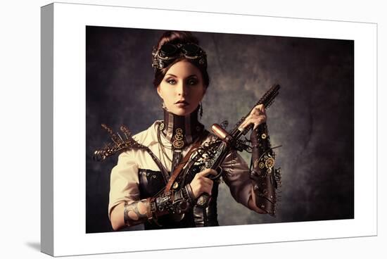Portrait Of A Beautiful Steampunk Woman Holding A Gun Over Grunge Background-prometeus-Stretched Canvas