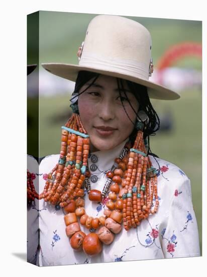 Portrait of a Tibetan Woman Wearing Jewellery Near Maqen, Qinghai Province, China-Occidor Ltd-Premier Image Canvas