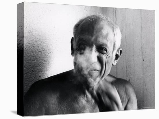 Portrait of Artist Pablo Picasso, Bare Chested and Smiling-Gjon Mili-Premier Image Canvas