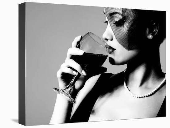Portrait of Beautiful Young Woman with Wine Glass, Black and White Retro Stylization-khorzhevska-Premier Image Canvas