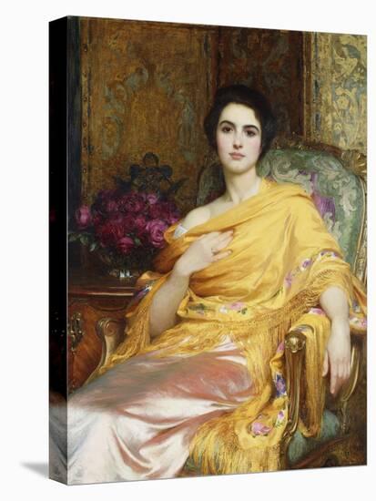 Portrait of Elsa, Daughter of William Hall, seated wearing a Pink Dress and Yellow Wrap-Frank Bernard Dicksee-Premier Image Canvas