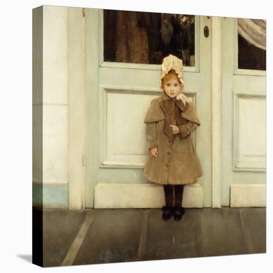 Portrait of Jeanne Kefer, at a Door Wearing a Pink Bonnet and Grey Coat-Fernand Khnopff-Premier Image Canvas