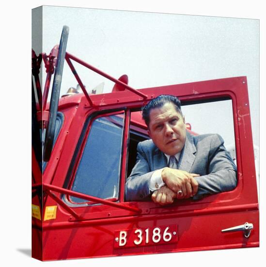 Portrait of Teamsters Union Pres. Jimmy Hoffa Leaning Out Window of Red Truck-Hank Walker-Premier Image Canvas