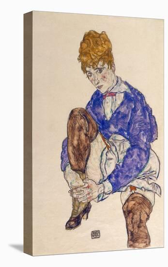 Portrait of the Artist’s Wife Seated, Holding Her Right Leg-Egon Schiele-Stretched Canvas