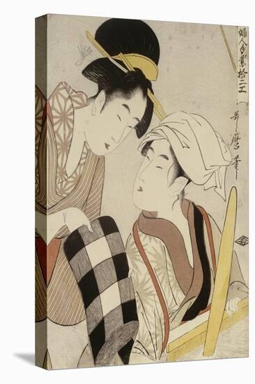 Portrait of Two Women, One Seated at a Loom and the Other Showing a Black and White Checkered cloth-Kitagawa Utamaro-Premier Image Canvas