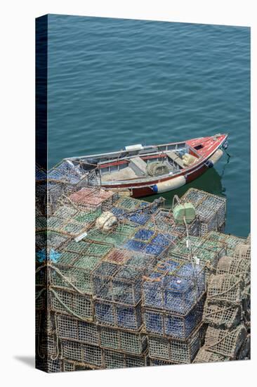 Portugal, Cascais, Lobster Traps and Fishing Boat in Harbor-Jim Engelbrecht-Premier Image Canvas