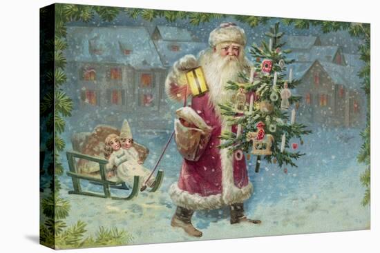 Postcard with Santa Claus Holding a Christmas Tree-null-Premier Image Canvas