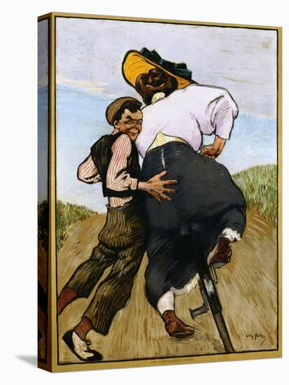Poster Depicting a Man Helping a Female Cyclist by Willy Sluiter-null-Premier Image Canvas