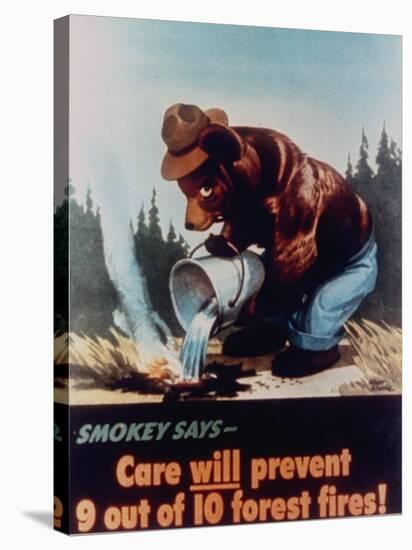 Poster of Smokey the Bear Putting Out a Forest Fire, "Care Will Prevent 9 Out of 10 Forest Fires!"-null-Premier Image Canvas