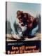 Poster of Smokey the Bear Putting Out a Forest Fire, "Care Will Prevent 9 Out of 10 Forest Fires!"-null-Premier Image Canvas