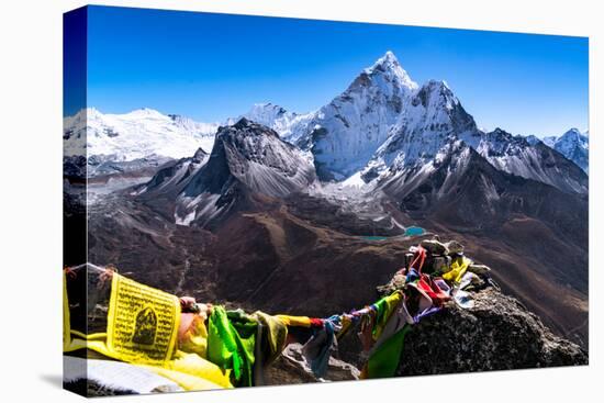 Prayer flags in Himalayas, Nepal with Ama Dablam mountain from high elevation with snow and lake-David Chang-Premier Image Canvas