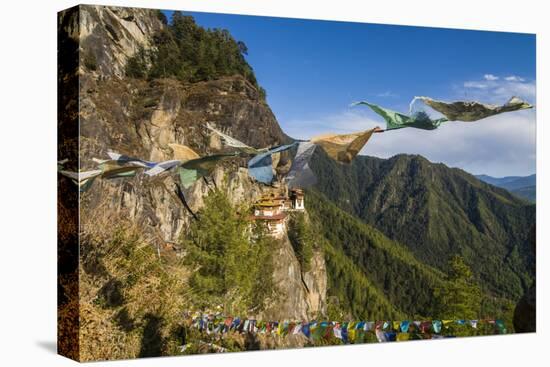 Praying Flags before the Tiger's Nest, Taktsang Goempa Monastery Hanging in the Cliffs, Bhutan-Michael Runkel-Premier Image Canvas