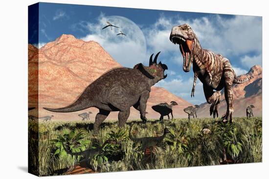 Prehistoric Battle Between a Triceratops and Tyrannosaurus Rex-null-Stretched Canvas