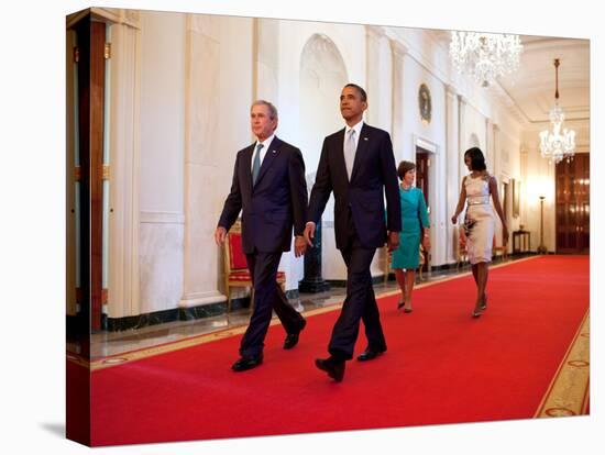 President Barack Obama and First Lady Michelle Obama Walk with Former President George W Bush-null-Stretched Canvas