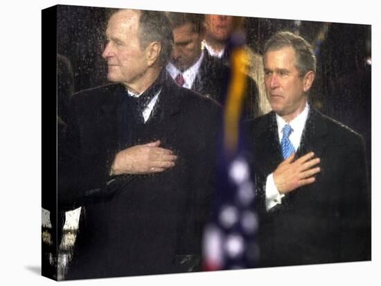 President Bush and His Father, Former President Bush, Put Their Hand Over Their Hearts-null-Premier Image Canvas