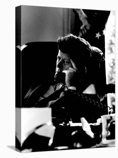 President John F. Kennedy Looking Serious on Telephone in White House during Cuban Missile Crisis-Art Rickerby-Premier Image Canvas