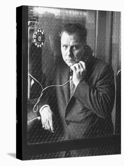 President of Teamsters Union Jimmy Hoffa Making Phone Call from Glassed-In Phone Booth-Hank Walker-Premier Image Canvas