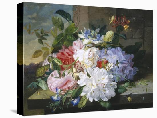 Pretty Still Life of Roses, Rhododendron and Passionflower-John Wainwright-Premier Image Canvas