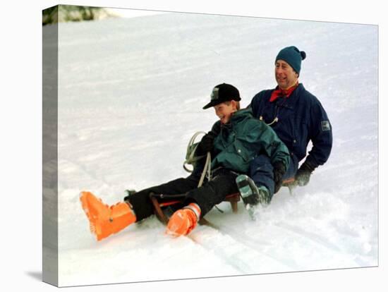 Prince Charles on a Sledge with Prince Harry While on Holiday in Klosters Switzerland January 1997-null-Premier Image Canvas
