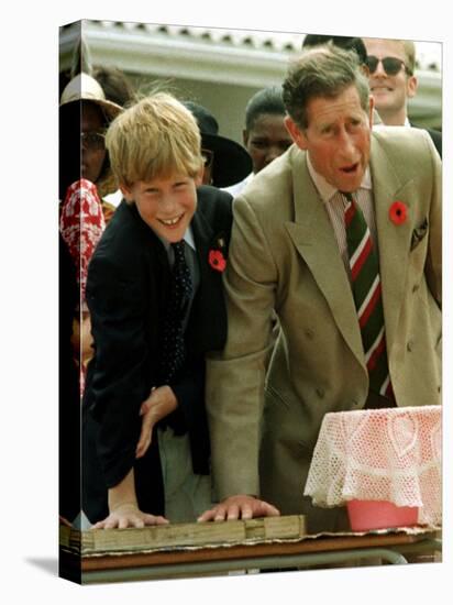 Prince Charles with Son Prince Harry Leaving Hand Prints in Concrete During Tour in South Africa-null-Premier Image Canvas