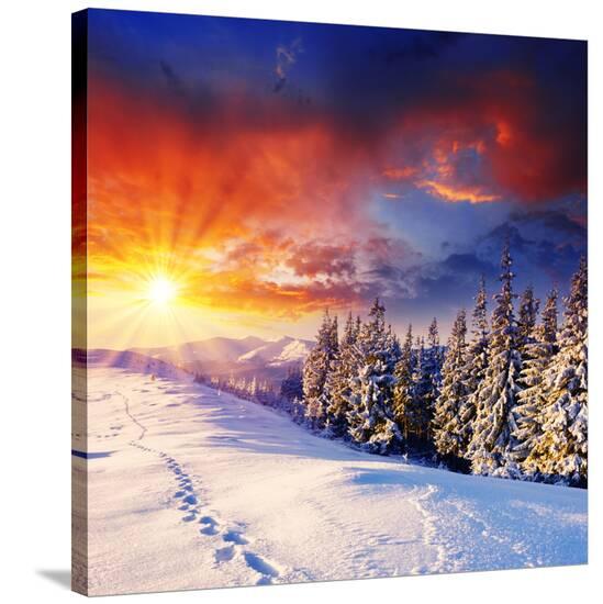 Majestic Sunset In The Winter Mountains Landscape. Hdr Image Stretched