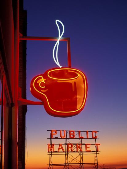 Public Market Sign at Sunset, Seattle, Washington, USA-Paul Souders-Stretched Canvas