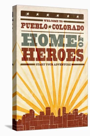 Pueblo, Colorado - Skyline and Sunburst Screenprint Style-Lantern Press-Stretched Canvas