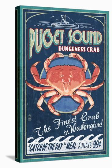 Puget Sound, Washington - Dungeness Crab Vintage Sign-Lantern Press-Stretched Canvas