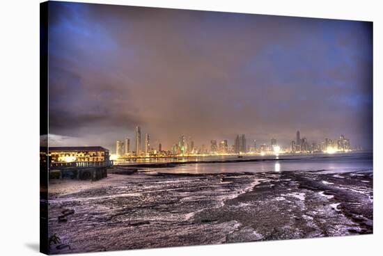 Purple Sunset Tide Pools, gold Skyline-Nish Nalbandian-Stretched Canvas