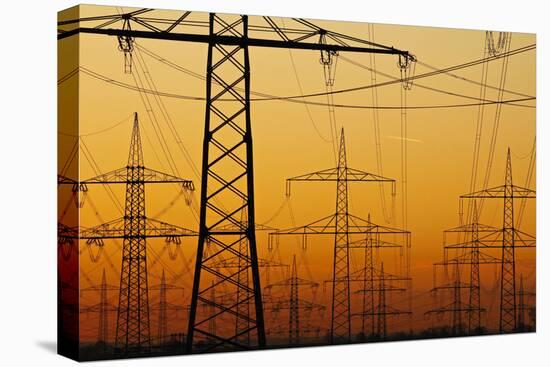 Pylons and power lines in morning light, Germany, Europe-Hans-Peter Merten-Premier Image Canvas