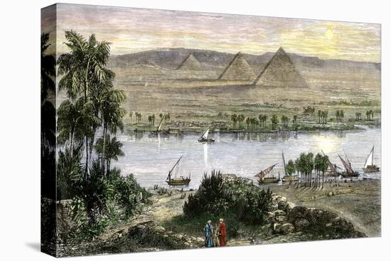 Pyramids at Gizeh, with Dhows on the Nile River in Egypt-null-Premier Image Canvas