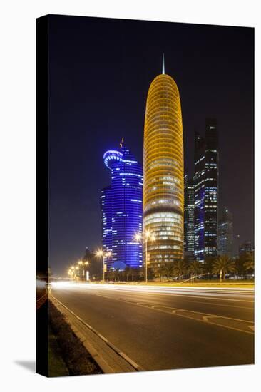 Qatar, Doha, Doha Bay, West Bay Skyscrapers Dusk, with World Trade Center , Gold-Walter Bibikow-Premier Image Canvas