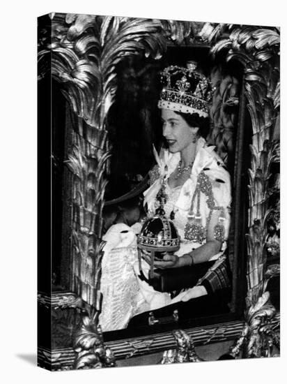 Queen Elizabeth II Riding Along in the Coronation Coach Wearing Crown and Carrying Orb-null-Premier Image Canvas