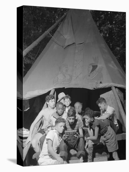 Racially Integrated Group of Boys Sharing a Comic Book at Camp Nathan Hale in Southfields, NY-Gordon Parks-Stretched Canvas