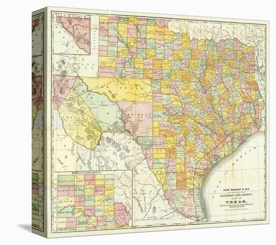Railroad And County Map Of Texas, c.1882-null-Stretched Canvas