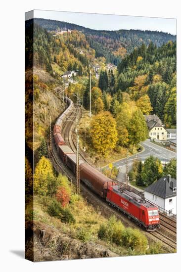 Railroad Line Winds Along a Mountainside, Freight Train, Wood, Scenery, Castle, Houses-Harald Schšn-Premier Image Canvas
