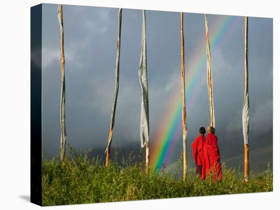Rainbow and Monks with Praying Flags, Phobjikha Valley, Gangtey Village, Bhutan-Keren Su-Premier Image Canvas