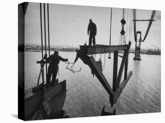 Raising the Truss, Men of the Raising Gang Ride the Swinging Steel 160 Feet Above the Water-Peter Stackpole-Premier Image Canvas