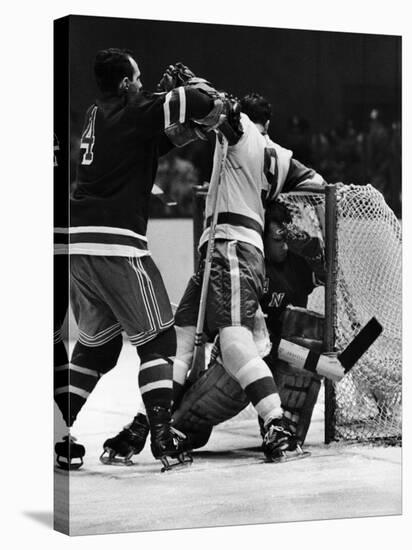 Ranger Goalie Jack McCarran and Detroit Red Wings Gordie Howie During Game-George Silk-Premier Image Canvas